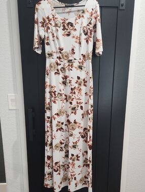 Mikarose Cream Maxi Dress with Brown & Tan Floral Print